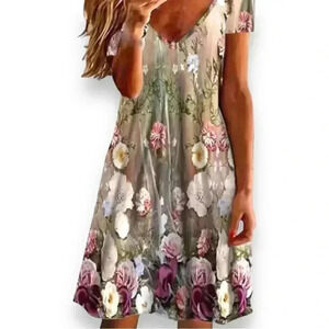 Women's V Neck Loose Dress Summer Khaki Floral Print Size Small T-shirt Dress